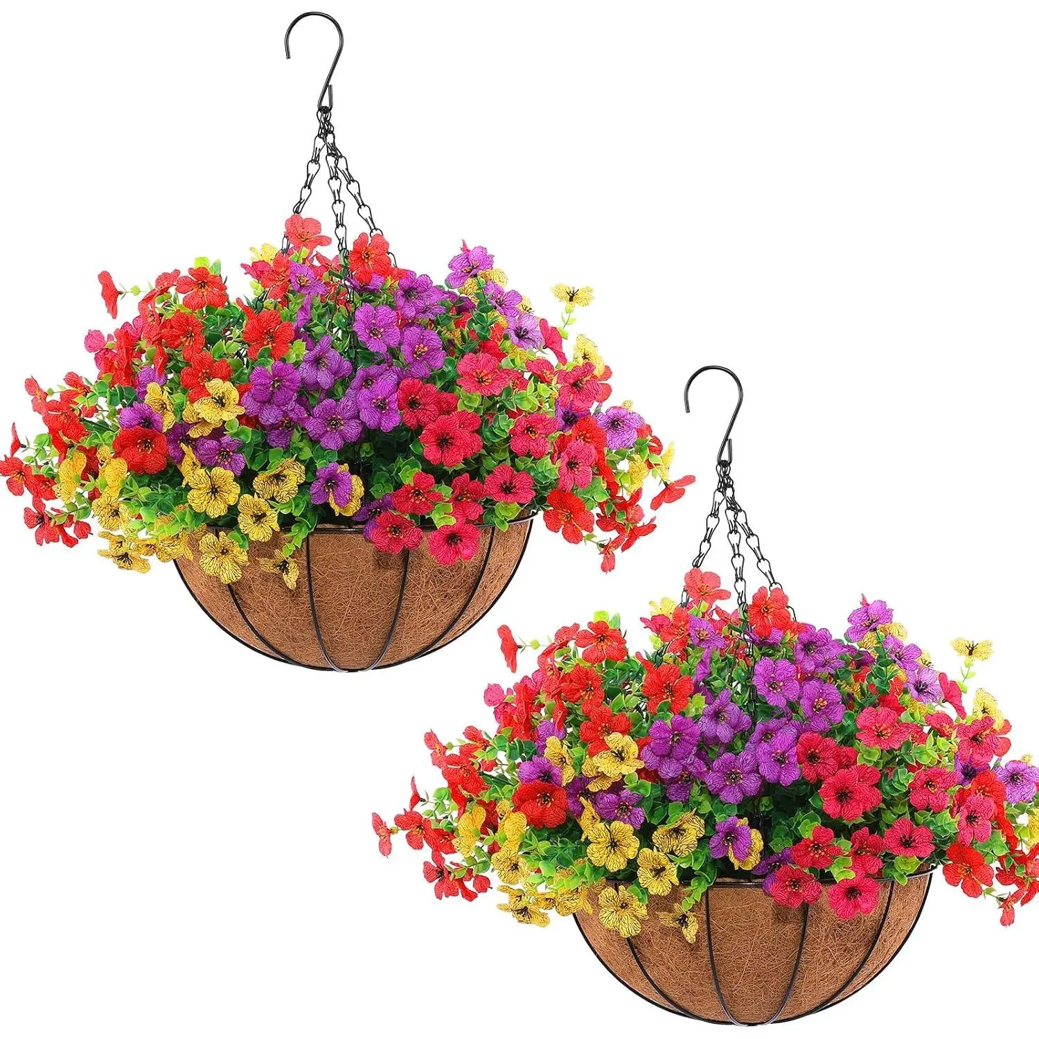 2 Hanging Baskets with 24 Pcs Artificial Flowers, Outdoor Hanging Planters for Front Porch, Patio, Garden & Home Decor