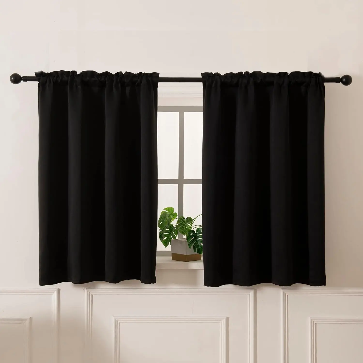 Blackout Curtains 45 Inches Long 2 Panels, Room Darkening with Rod, Short Black Out for Small Window, 42" Wide and 45" Length, Set of Two, Black.