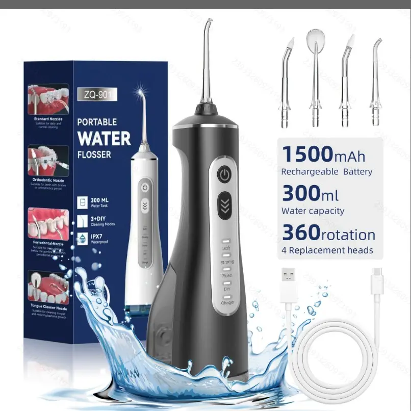 Electric Toothbrush Portable Oral Cleaner, Deep Cleaning Home Use, 4 Replaceable Nozzles, 4 Work Modes, Ipx7 Waterproof, USB Charging