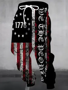 Men's Fashion 3D American Flag Print Joggers, Drawstring and Pockets, Casual Polyester Sport Pants
