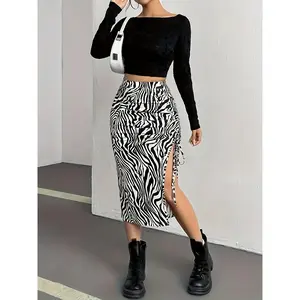 Zebra Stripe Slit Tight-Fitting Skirt Elegant Drawstring High-Waisted Skirt