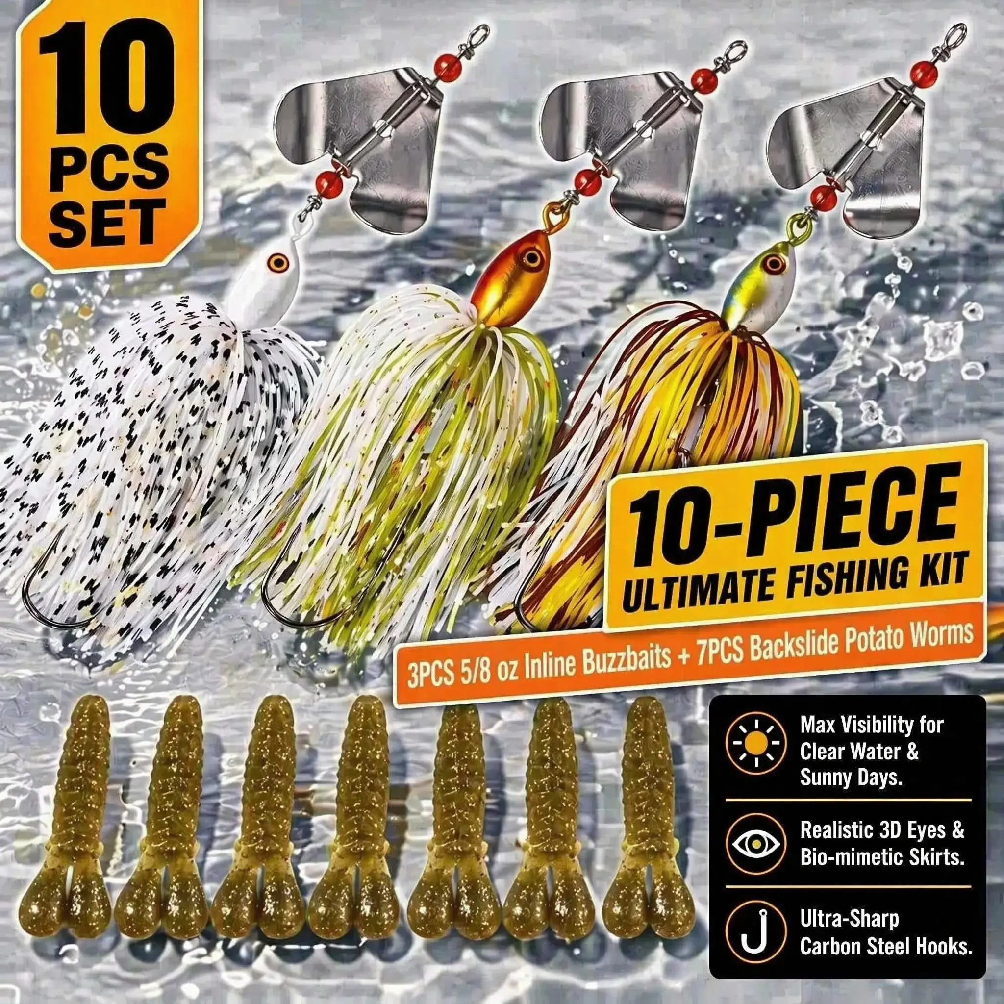 10PCS Professional Buzzbait & Backslide Soft Bait Set, 5/8 oz Inline Spinner Baits + 7PCS High-Gravity Sinking Trailers for Clear Water Bass Fishing Kit