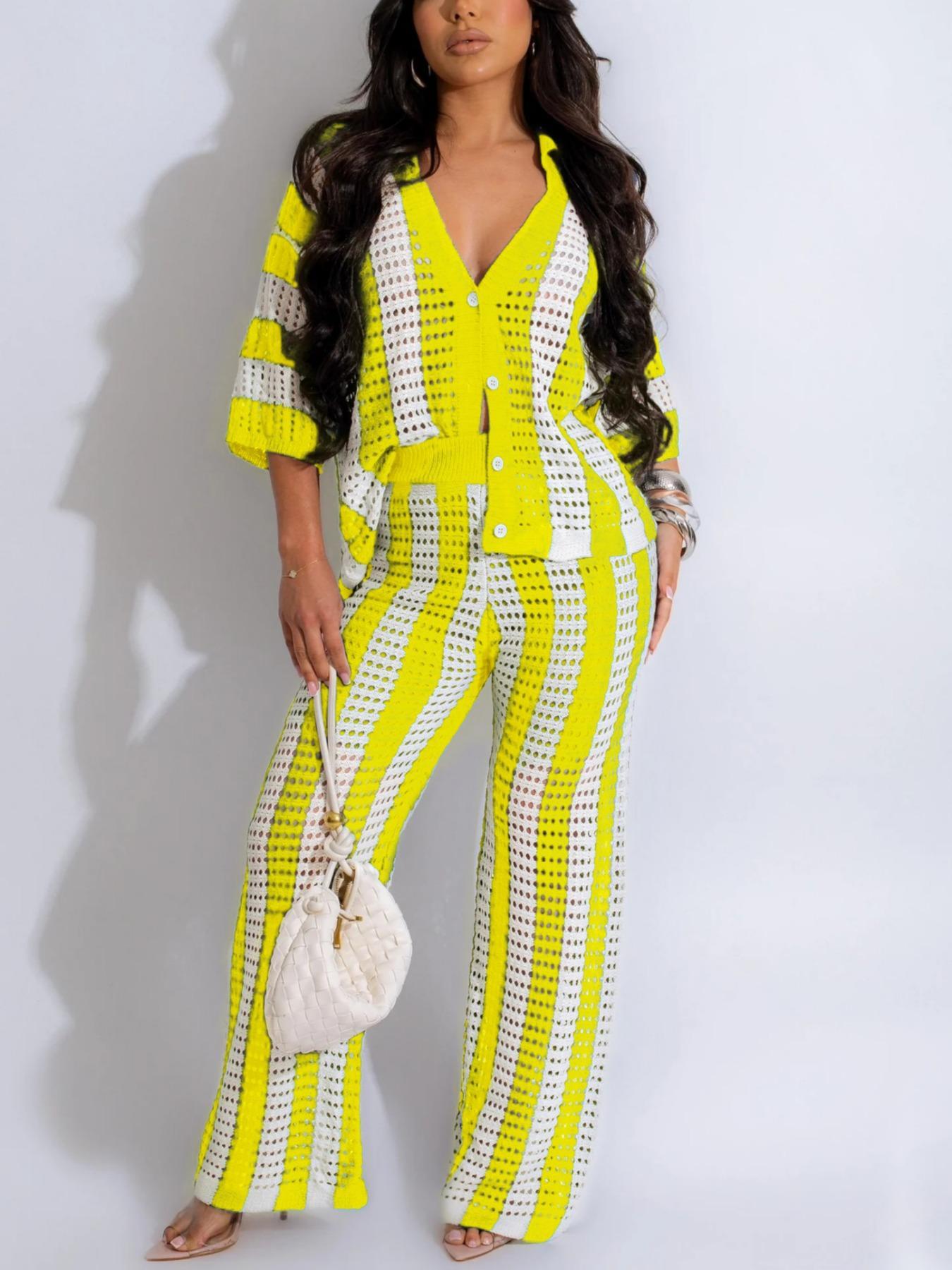 Two-Piece Set Women's Colorblock Striped Print Hollow Out Button Front Top & Wide Leg Pants, Casual Drop Shoulder Collared Top & High Waist Pants for Spring & Summer, Women 2 Piece Outfit, Summer Beachwear Set for Women, Vacation Outfit, Clothing Sets Two-Piece Set Women's Colorblock Striped Print Hollow Out Button Front Top & Wide Leg Pants, Casual Drop Shoulder Collared Top & High Waist Pants for Spring & Summer, Women 2 Piece Outfit, Summer Beachwear Set for Women, Vacation Outfit, Clothing Sets