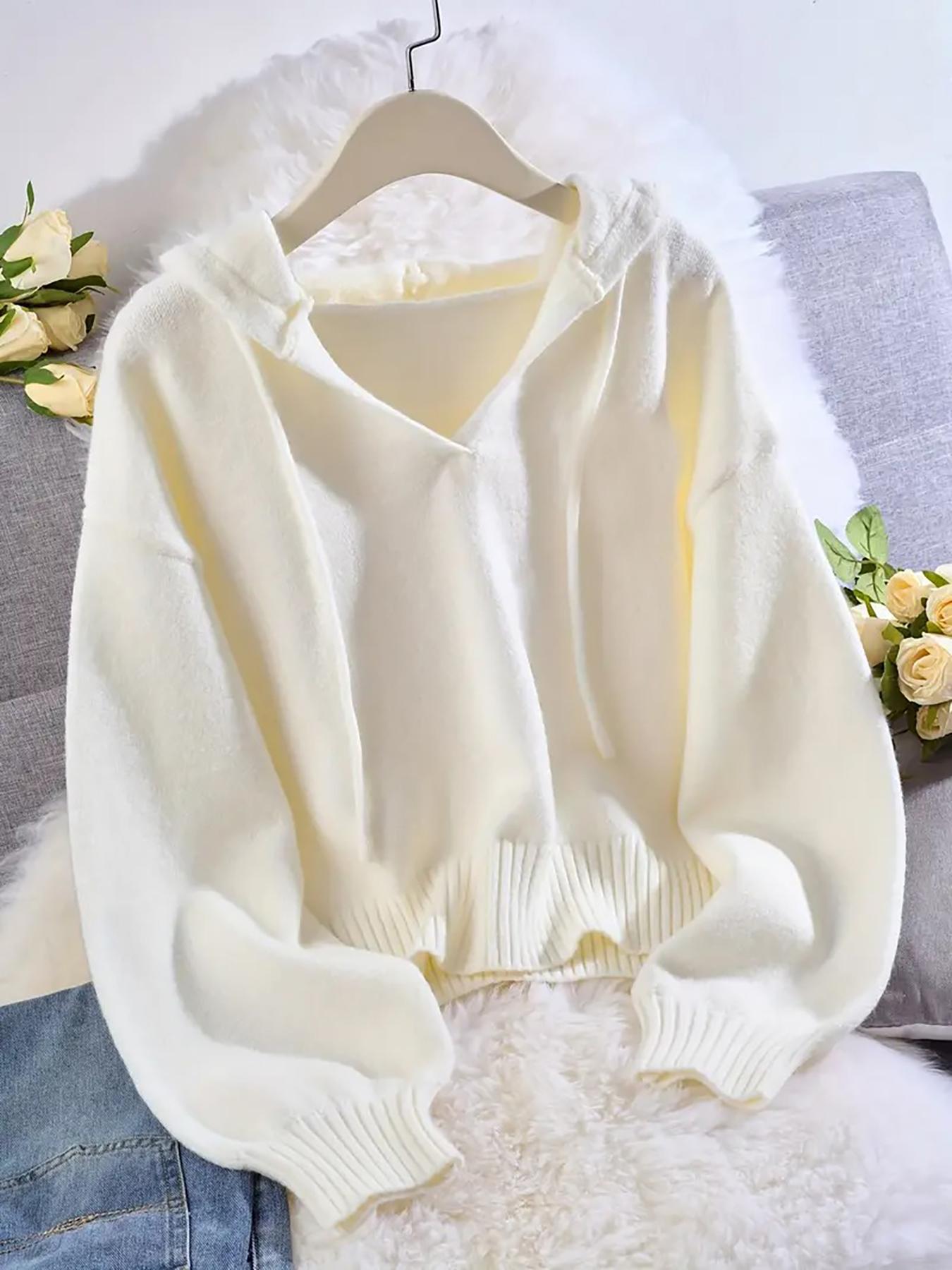 Women's V-Neck Adjustable Drawstring Hoodie, Loose Fit Soft Knit Pullover, Casual Unique Design Long Sleeve Sweatshirt for Early Autumn