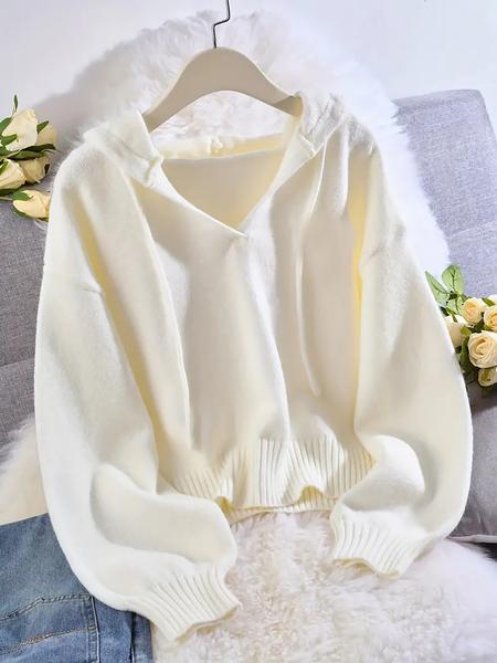 Women's V-Neck Drawstring Hoodie, Loose Fit Soft Knit Pullover, Casual Unique Design Long Sleeve Sweatshirt for Early Autumn