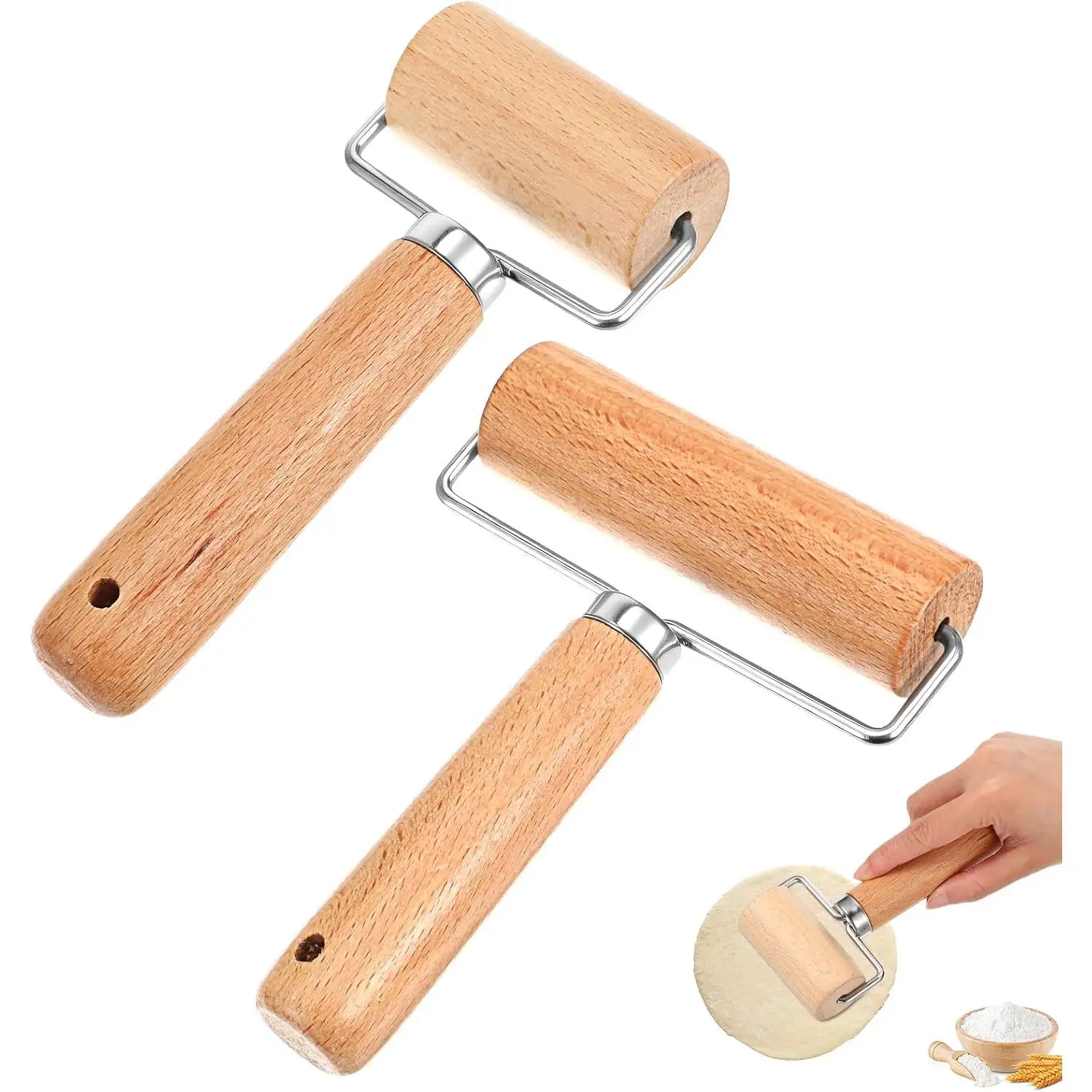 2 count Baking Wooden Rolling Pins T-shape Pizza Dough Roller Pin Non-Stick Baker Pastry Roller Set for Tortilla Cookie Dumpling  Kitchen Baking Cooking