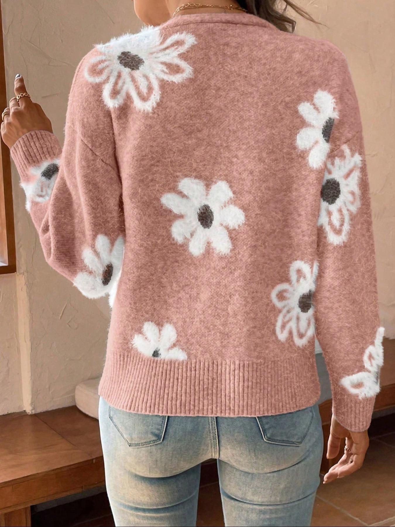 Plus Size Floral Print Button Front Cardigan, Casual Drop Shoulder  V Neck Knitwear for Fall & Winter, Women's Plus Clothing for Daily Wear Womenswear