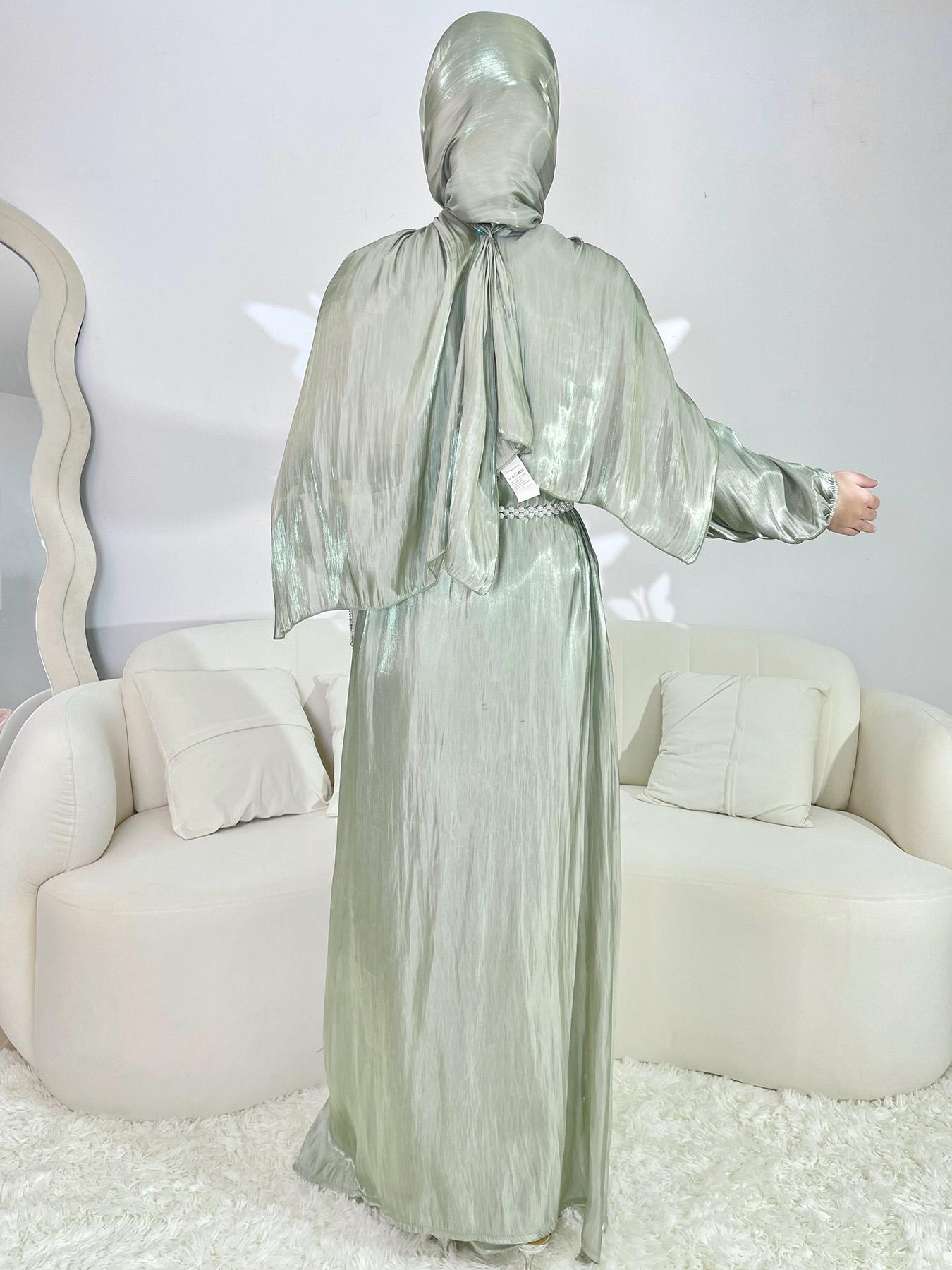 Women's Solid Abaya & Belted Tank Dress Set, Elegant Bishop Sleeve Long Sleeve Outerwear & Long Dress, Ladies Islamic Clothing for All Seasons, Modesty Abaya