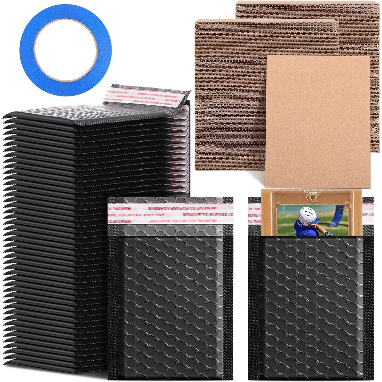 301 Pcs Trading Card Shipping Protector Set Include 200 Corrugated Cardboard Sheets Inserts 100 Poly Bubble Mailers Padded Envelopes and Masking Tape(Black)