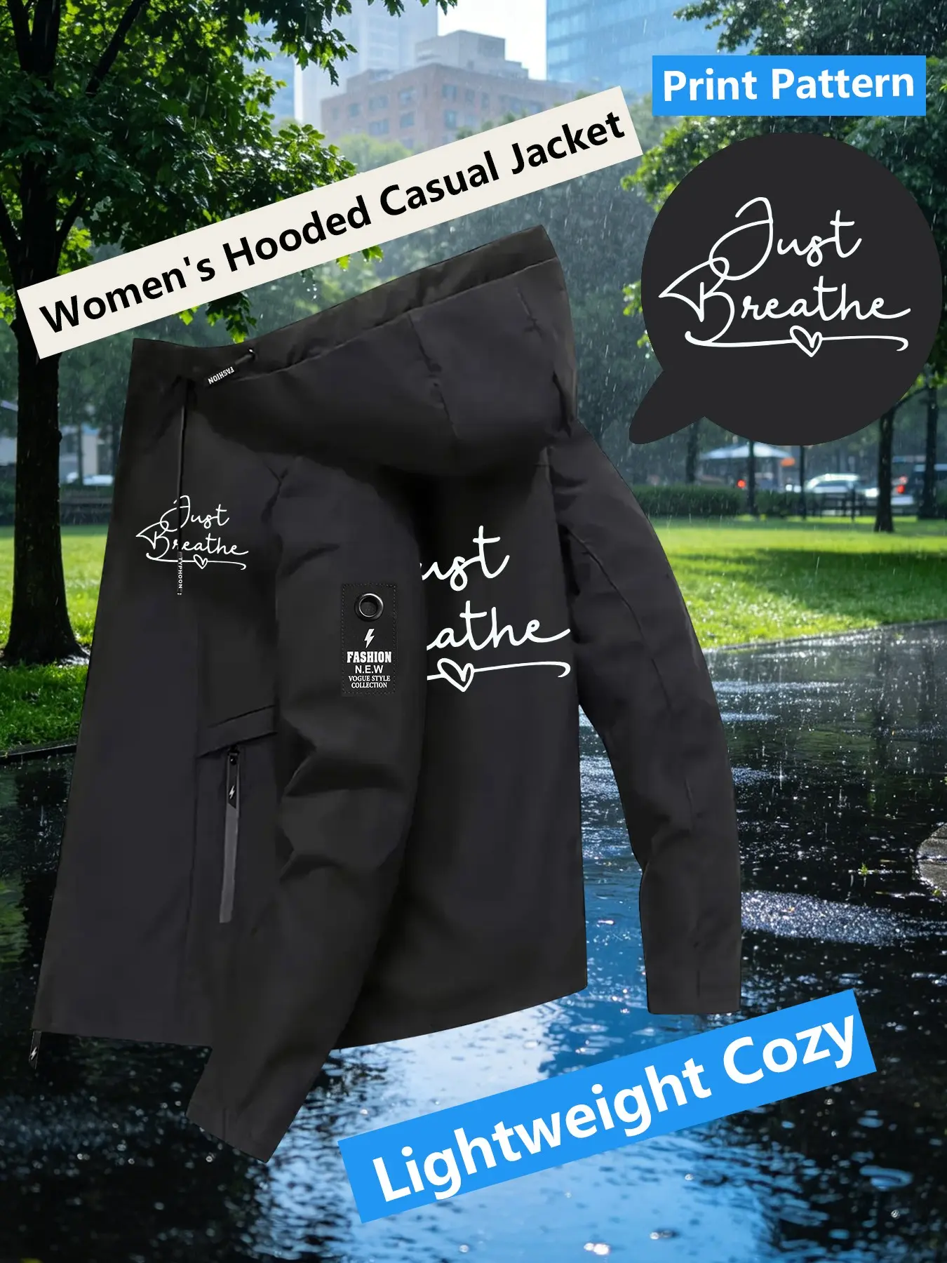 Women's Light Blue Hooded Windbreaker Jacket, Coats, Double sided Just Breathe Heart Cursive Print Jacket Two Colors Loose All Season Warm Jacket Ideal for Daily Commute Outdoor Hiking Climbing Wear Skin Friendly Breathable Machine Washable Plussize