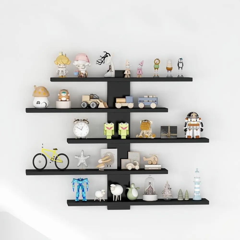5-Tier Floating Wall Mounted Shelves, Wall Display Storage Shelf for Anime Figurines, Dolls, Plants & Statues, Decorative Organizer for Bedroom, Living Room, Study, Kids Room(Black)