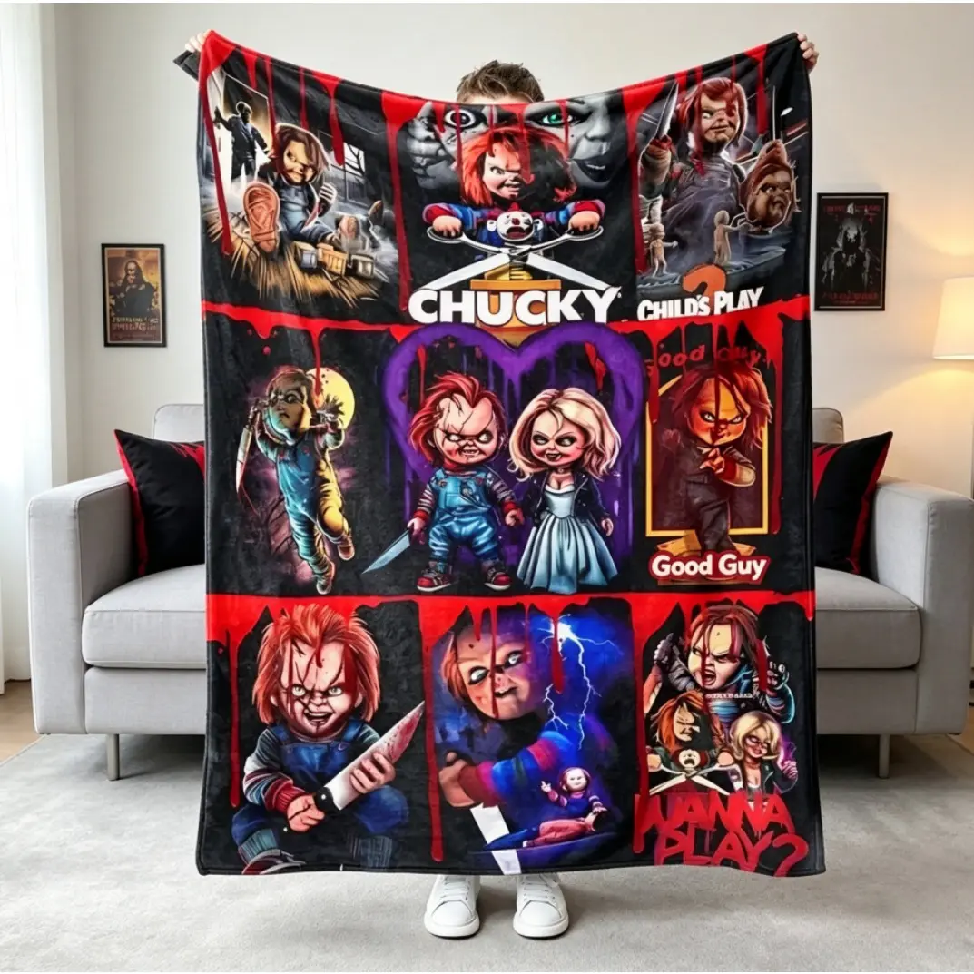Chucky Horror Movie Series Flannel Throw Blanket, Lightweight Soft Digital Print Plush Blanket, Asian Style Knit Fabric Cozy Blanket for Sofa Bed Travel, Multipurpose Halloween Decoration Gift for Adults Kids All Seasons