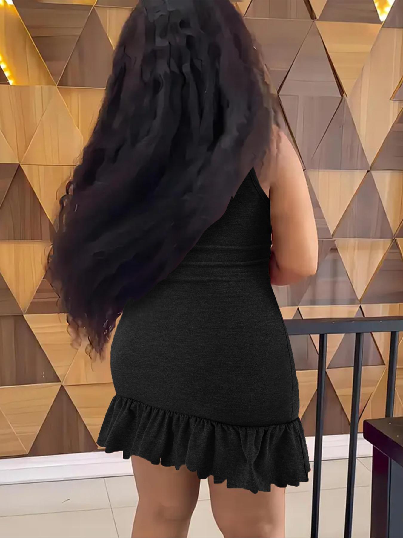 Women's Solid Color Round Neck Ruffle Trim Dress, Fashion Casual Crew Neck Sleeveless Short Dress for Daily Outdoor Wear, Women Dress for Summer, Bodycon Smooth Dress