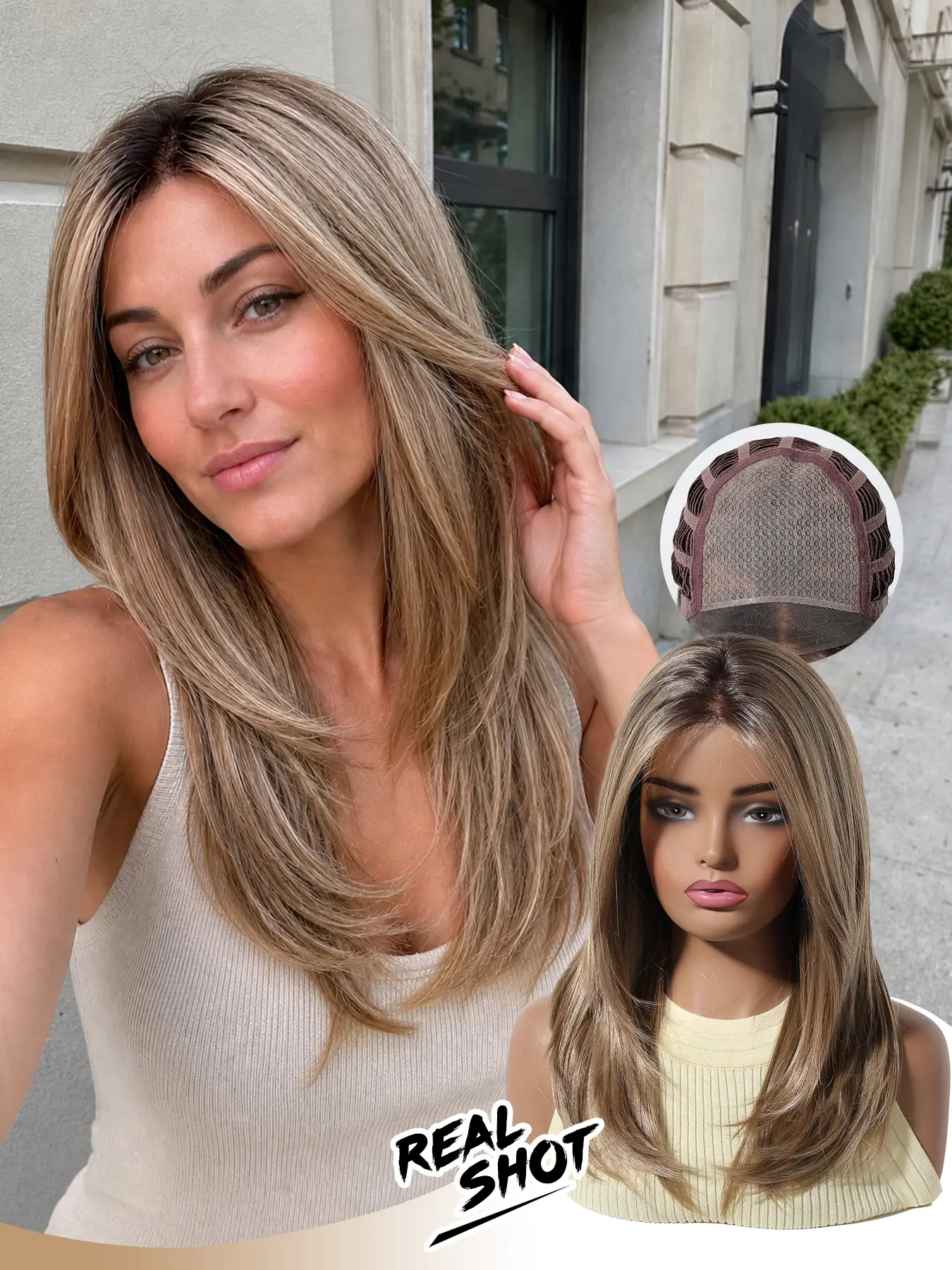 Women's Medium-Length Straight Wig, Gold Highlights, Lockbone Layered Style, Natural Voluminous Look, Face-Flattering, Daily Wear, Office, Date Night