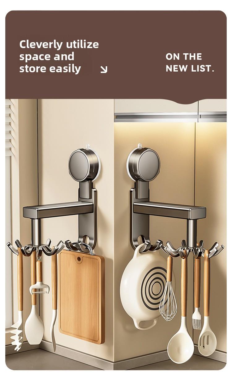 Aluminum Material Powerful Suction Cup Kitchen Rotating Hook Storage Rack No-Nail Wall-Mounted for Spatulas Spoons and Utensils Organiser Installation