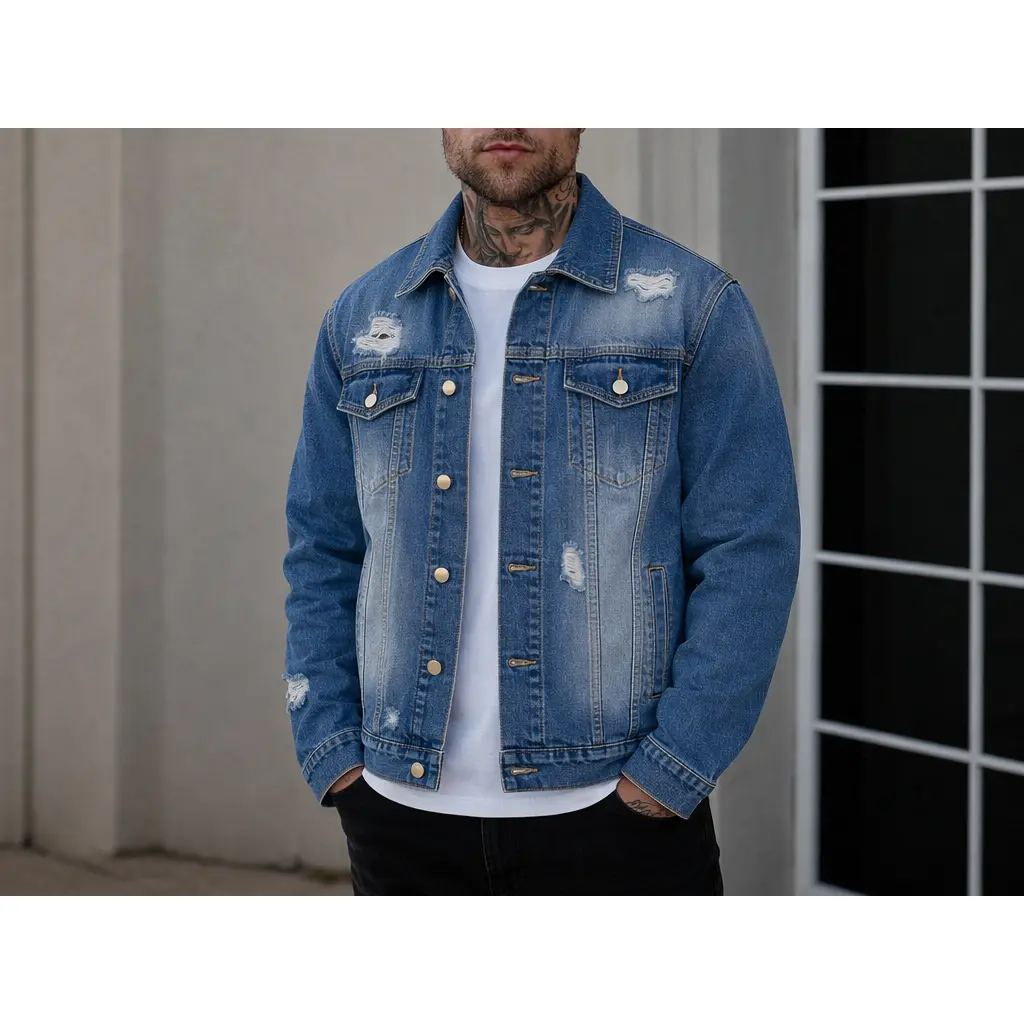 Men's Vintage Washed Blue Denim Jacket Casual Streetwear Jean Jacket with Ripped Distressed Details Button Front Closure Classic Trucker Style Outerwear Long Sleeve Fashion Coat for Daily Wear Hip Hop Outfit
