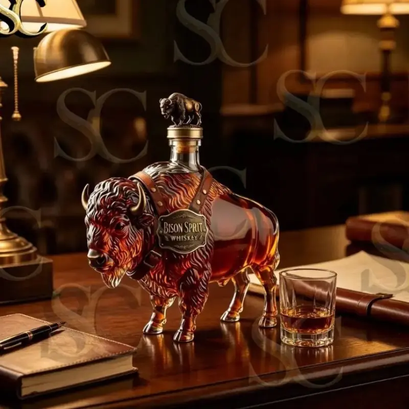 Stunning 3D Bison Hand Blown Premium Glass Liquor Bottle 350ML, Upgrade Your Home Bar, Perfect Gift for Him, Unique Decorative Piece, Glassware
