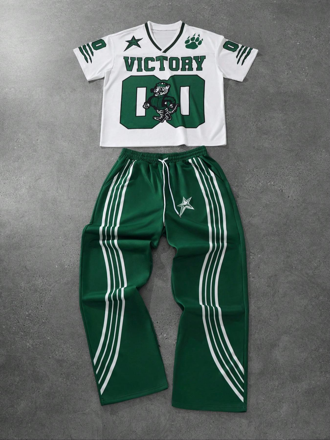 Men's Tiger Print Drop Shoulder Tee & Striped Print Trouser  Two-piece Set, Regular Fit Casual Fashion Cozy Breathable Two Piece Outfits for Daily Outdoor Wear, Men Clothes for All Seasons