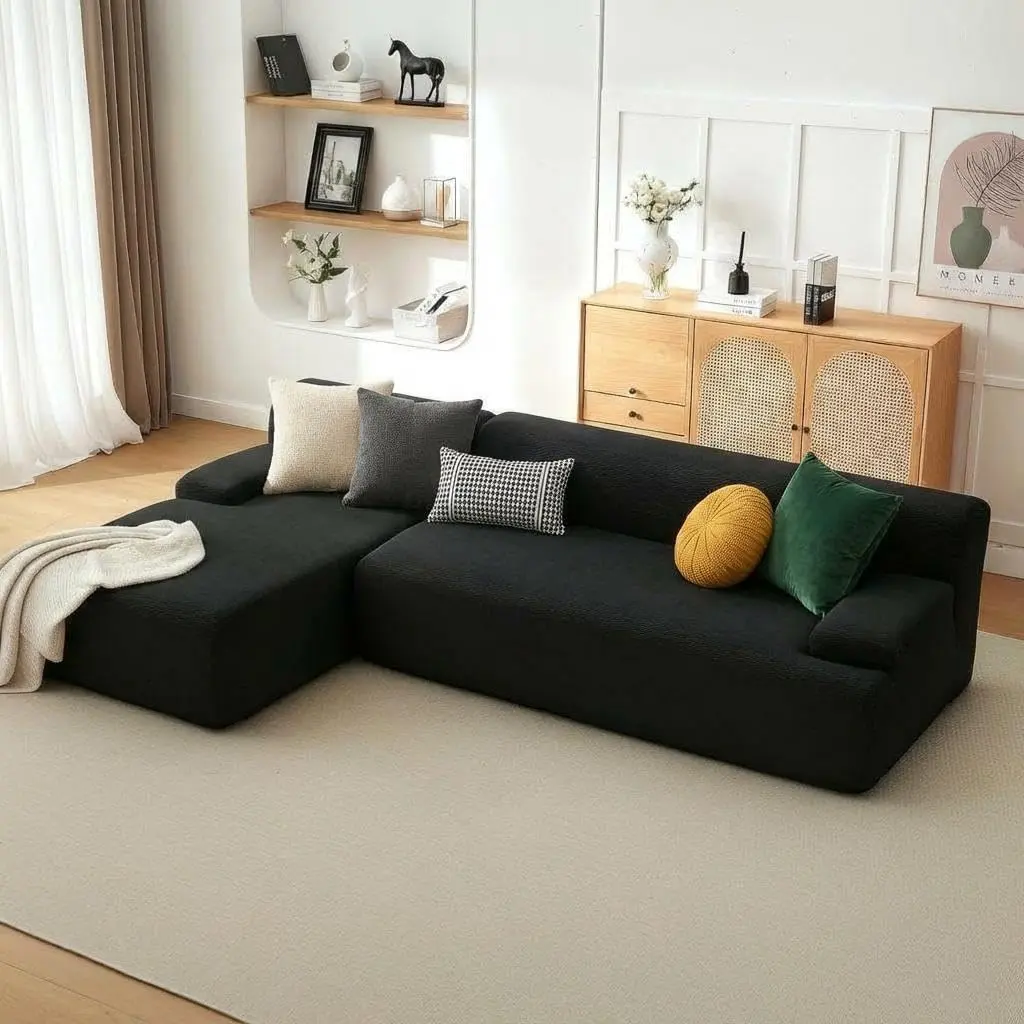 Garvee Modular Sectional Sofa with Chaise - Cloud Couch Sectional, Fluffy Compressed Sofa, Black Corduroy Couch, Cozy Atmosphere, L Shaped Couches for Living Room, Black