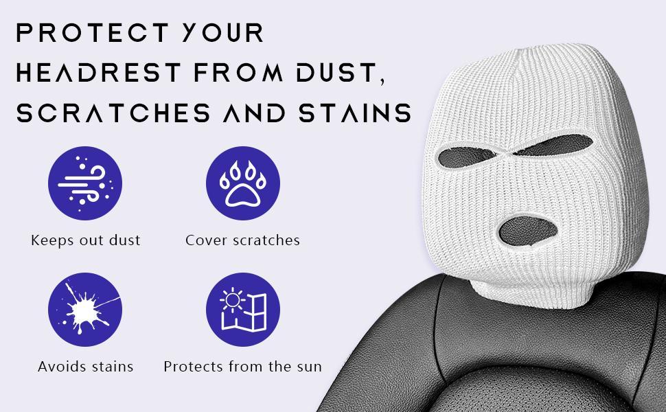2 PCS Car Headrest Cover, Personalized Funny Car Seat Full Face Mask, Ski Mask Wrap Protection for Auto Front Seat Rest Decoration, Universal Interior Car Accessories (White)