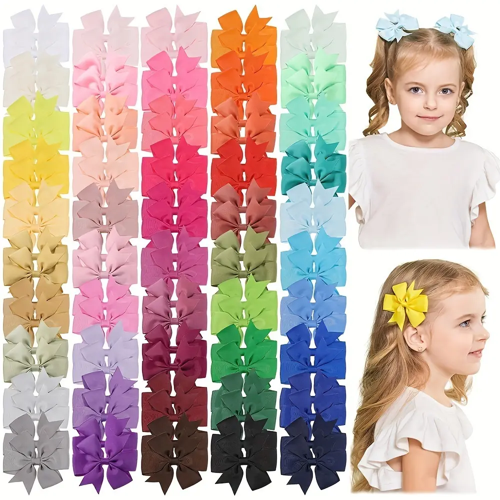 Hair Clips for Girls, 60-Pack Multicolor Macaron Bow Ribbon Barrettes, Playful Accessories for School, Daily Wear & Safe Use, Daily Use