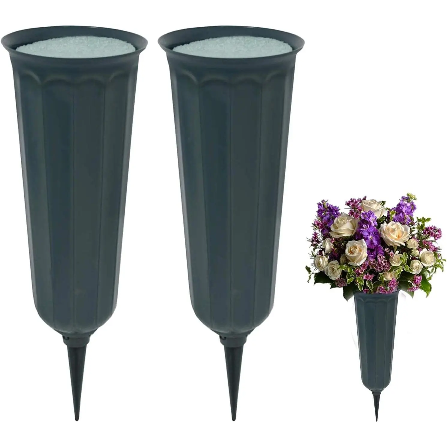 2 count Cemetery Vase for Grave Decorations, Headstones Flower Holder with Spikes and Flower Mud, Plastic Vase for  and Artificial , Outdoor Tombstone Markers(Color:Green)