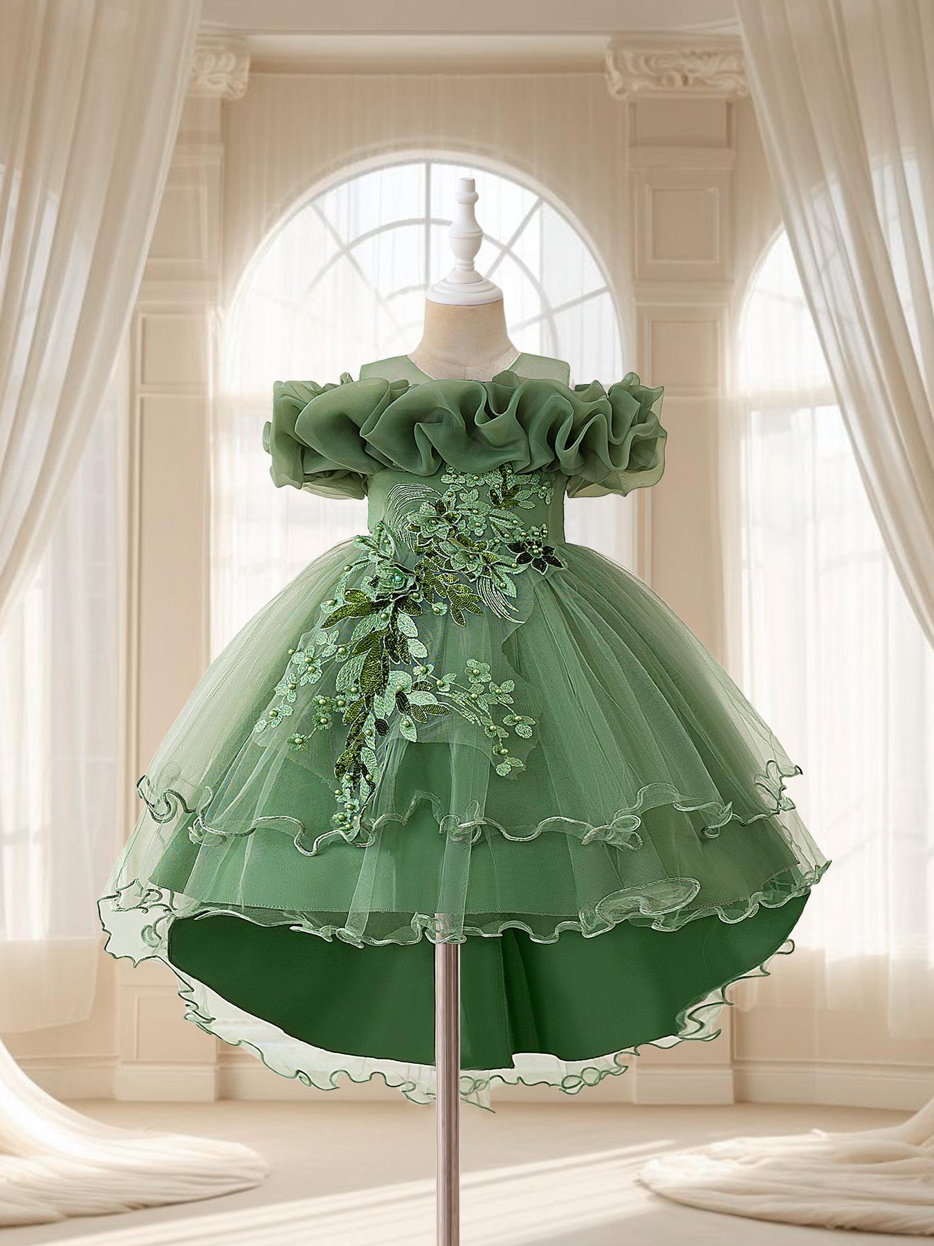 Girls' Floral Embroidered Layered Tulle Formal Dress, Embroidery Dress, Elegant Party and Performance Dress for All Seasons