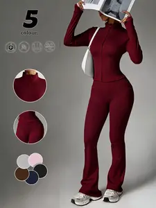 Women's Two-Piece Solid Color Zipper Jacket Sports Set, Thumbholes for Gym Workouts, Comfortable Activewear for Autumn and Winter