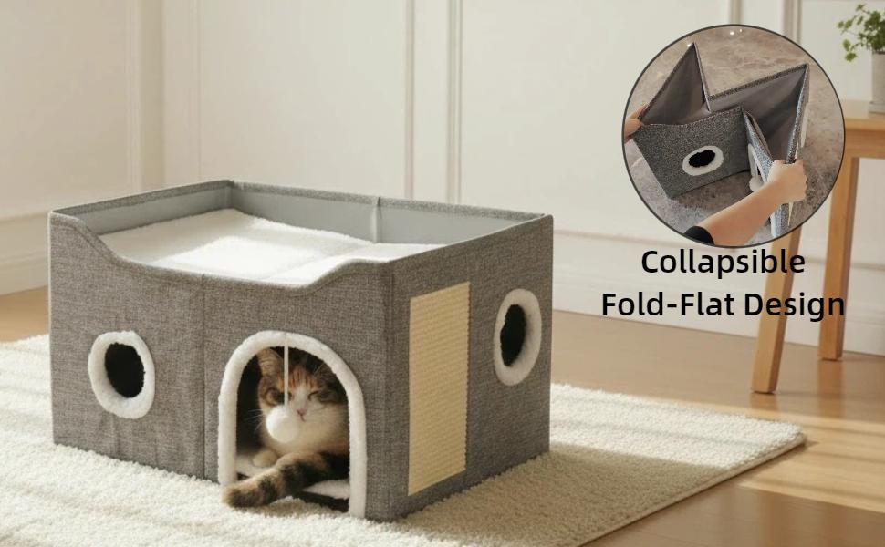 Cat Beds for Indoor Cats - Large Cat Cave for Pet Cat House with Fluffy Ball Hanging and Scratch Pad, Foldable Cat Hideaway, 23.8x15.9x13.2 inches, Grey