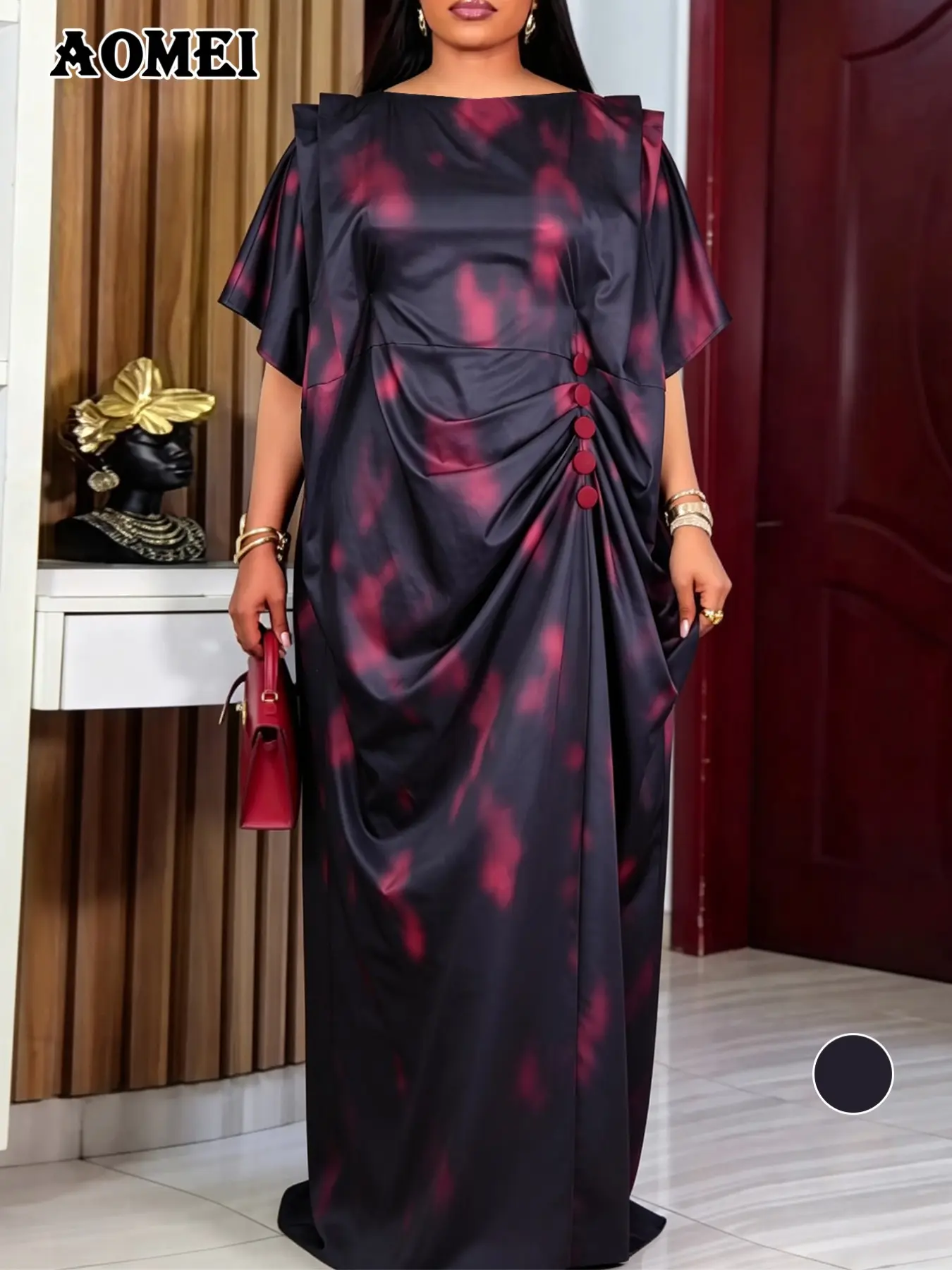 AOMEI Plus Size African Print Midi Dress, Elegant Geometric Design, High Waist, Half Sleeve, Loose-Fit, Perfect for Weddings and Events