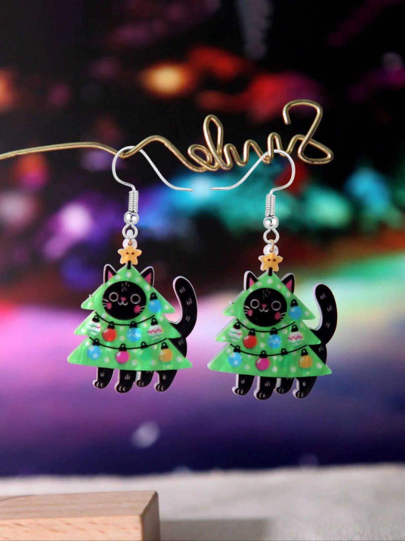 Black Cat Fun and Cute Christmas Earrings - Personalized Acrylic Earrings, Christmas Tree, Black Cat, Gingerbread Man Design Pen