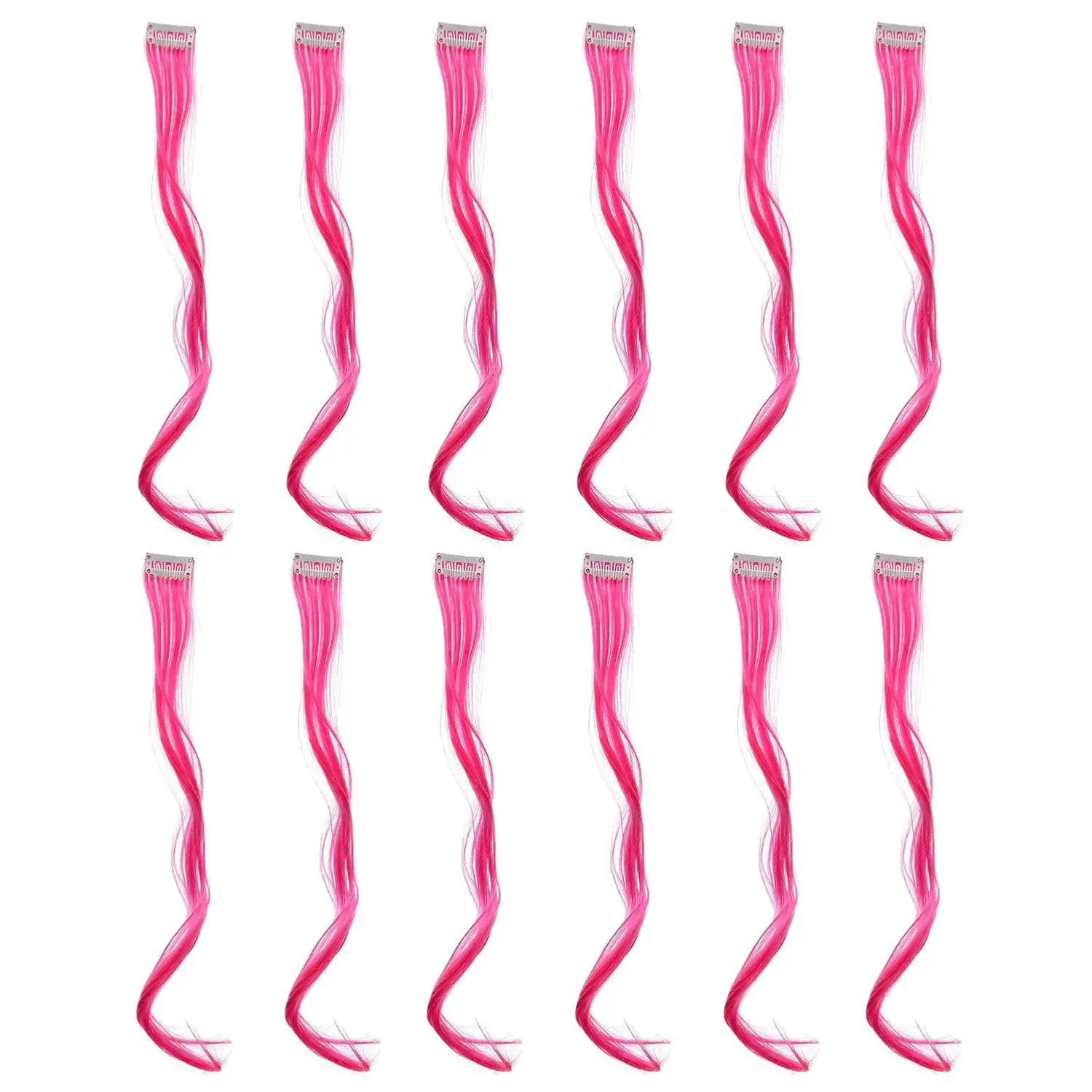 12 count Curly Wavy  Color Party Highlights Clip  in Hair Extensions For Women Colored Hair Streak Synthetic Hairpieces (Neon )