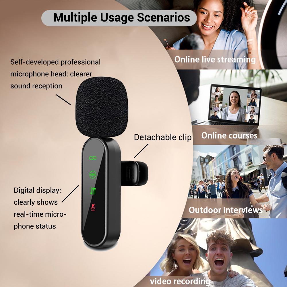 Professional Wireless Lavalier Microphone for iPhone, Android -, Mini Microphone with Status Display, Rechargeable Lapel Mic, Crystal Clear Sound Quality for Recording, Live Streaming, Vlog, TikTok