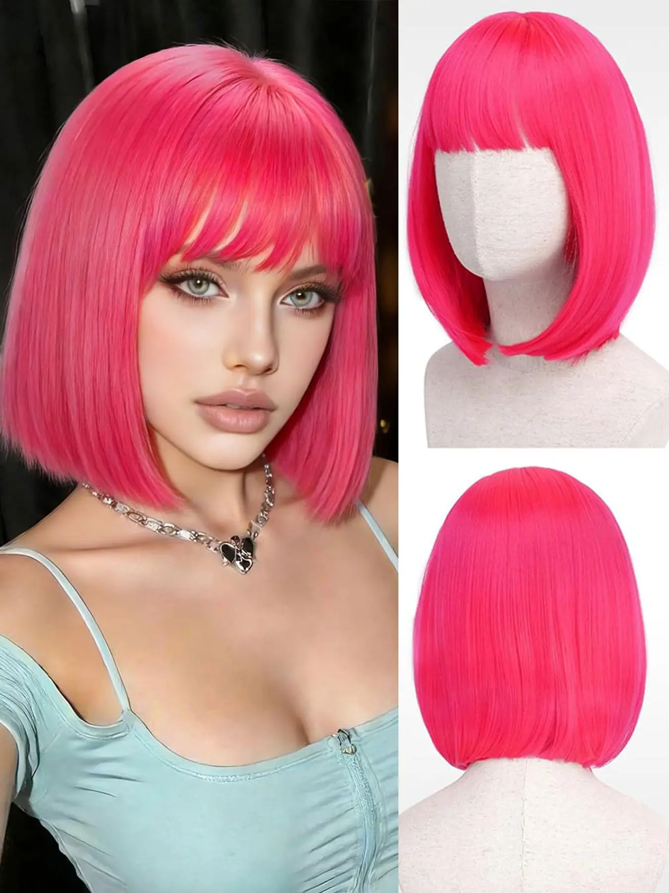 Short Pink Wigs with Flat Bangs, Straight Synthetic Hair, Colorful, for Cosplay, Everyday Wear, Costume Parties, Trendy, Modern, for Women, 12inch, Bright Pink