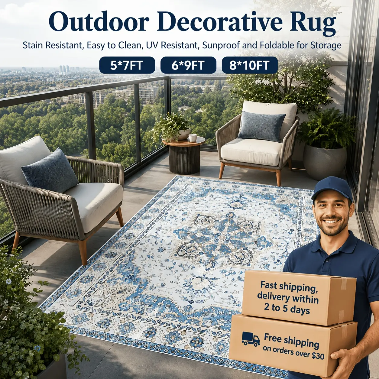 ORHOPUI Outdoor Rug Washable Patio Rug For Deck Balcony Backyard Camping, Lightweight UV Resistant Outdoor Carpet For Porch RV Picnic Indoor Outdoor Use