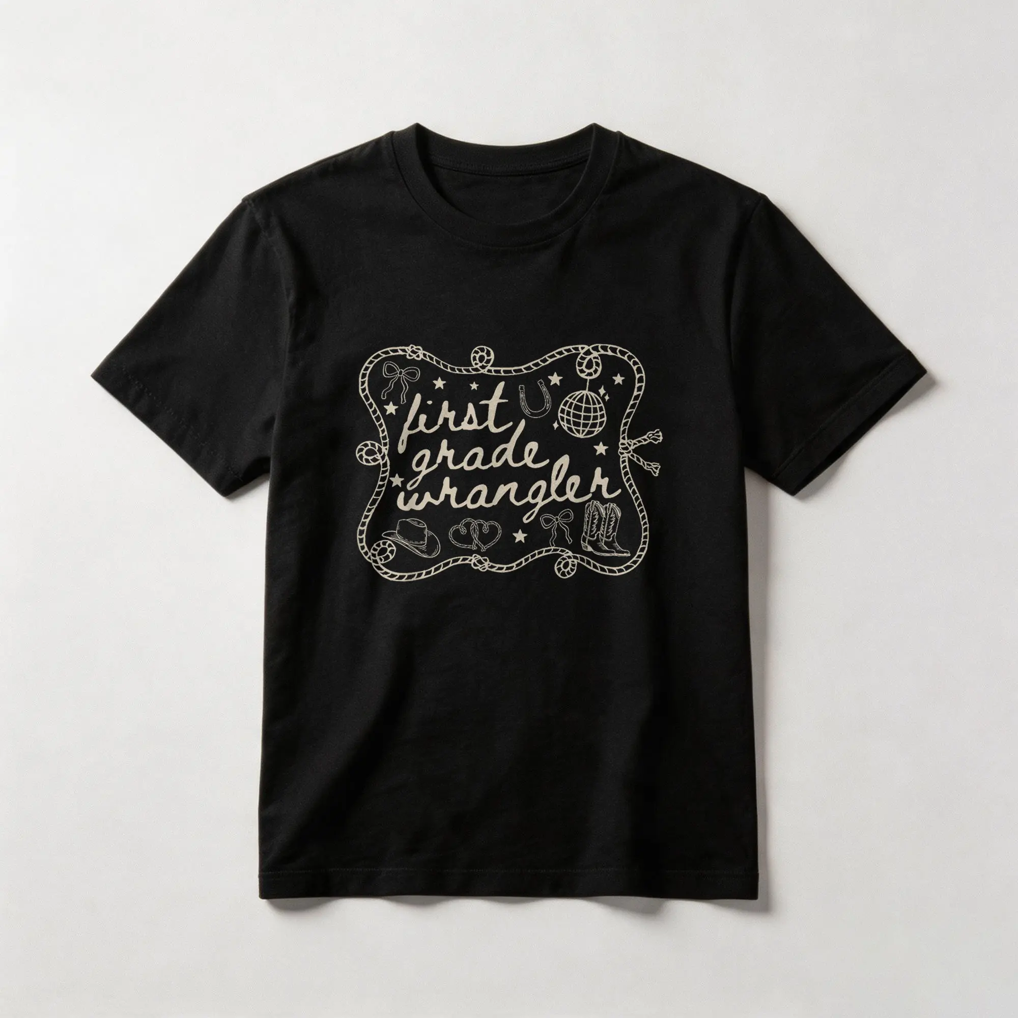 First Grade Teacher Wrangler Western Cowboy Back to School Cotton T-shirt, Graphic Crew Neck Soft Top Short Sleeve Casual Unsex Shirt for Men Women