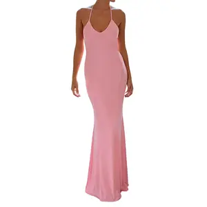 Women's Halter Neck Fishtail Gown, Solid Bodycon Polyester Floor-Length Formal Evening Party Dress, Formal Wear