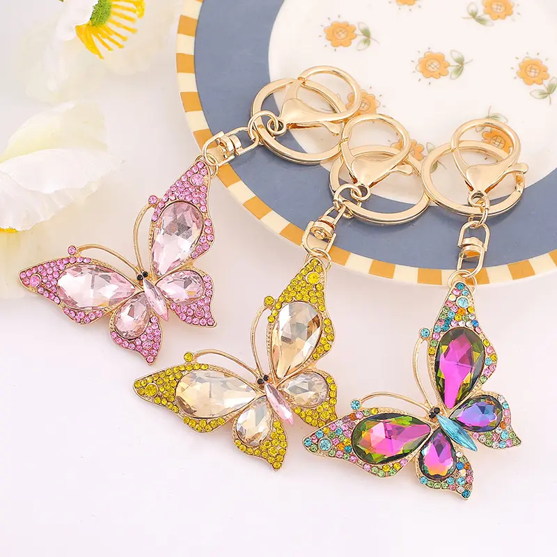 Butterfly Keychain for Women, Large Crystal Rhinestone Bag Charm, Casual Sparkling Key Holder on Nylon Base, Great Birthday Gift, Glitter, Female Gifts