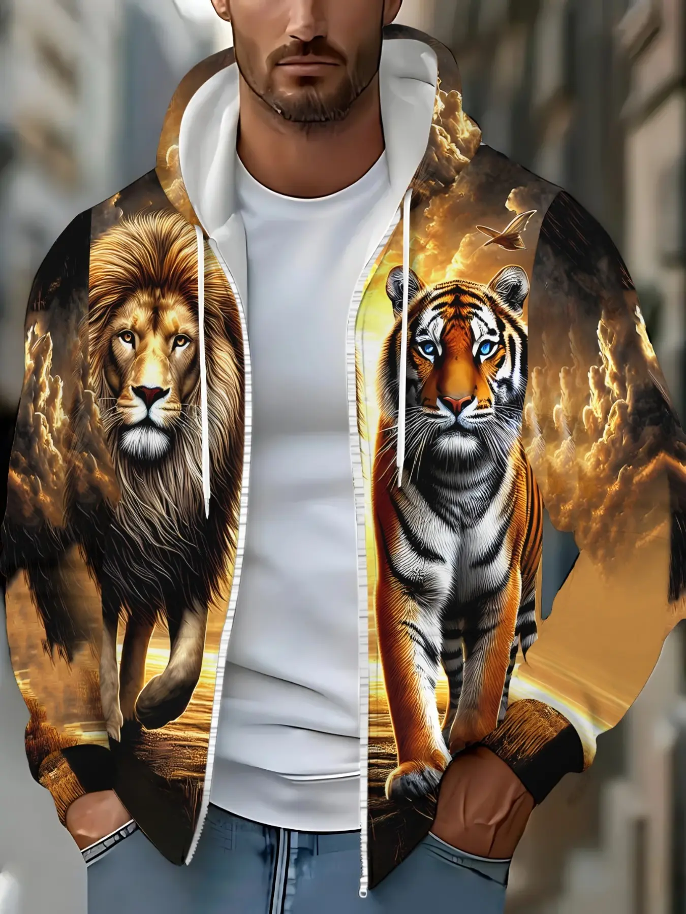 Men’s Full Zip Hooded Sweatshirt Jacket, Lion Tiger Golden Sunset Cloud Mountain All Over Print Wildlife Animal Streetwear Long Sleeve Hoodie Coat