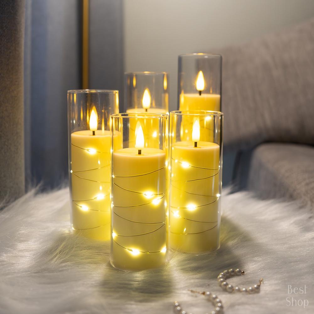 5pcs Flameless LED Candles with Embedded Star String, Battery Operated Acrylic Pillar Candles with Timer and Remote, Flickering Candles for Romantic Ambiance and Home Decoration Mood Decorative,Valentine's Day, Mother's Day