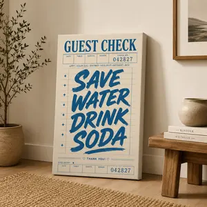 "Save Water Drink Soda" Guest Check Style Vertical Canvas Wall Art, Funny Kitchen Poster, Retro Home Decor, Available as Unframed Canvas Poster or Framed Canvas Wrap