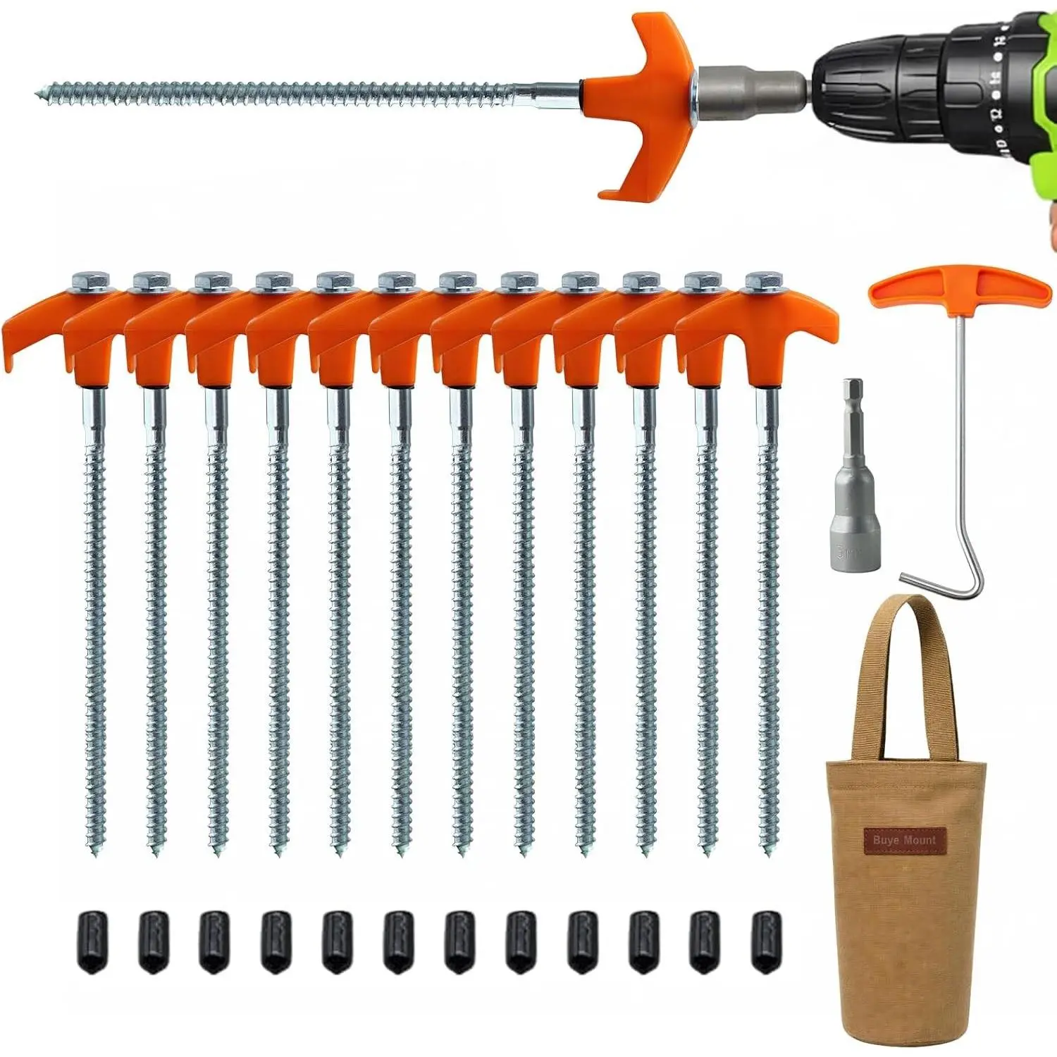 12-Pack Heavy Duty Screw-in Tent Stakes with Drill Adapter & Storage Bag, 8” Galvanized Ground Anchors for Camping, Canopy, Gazebo, Tents, Awnings, Trampolines & Outdoor Securing