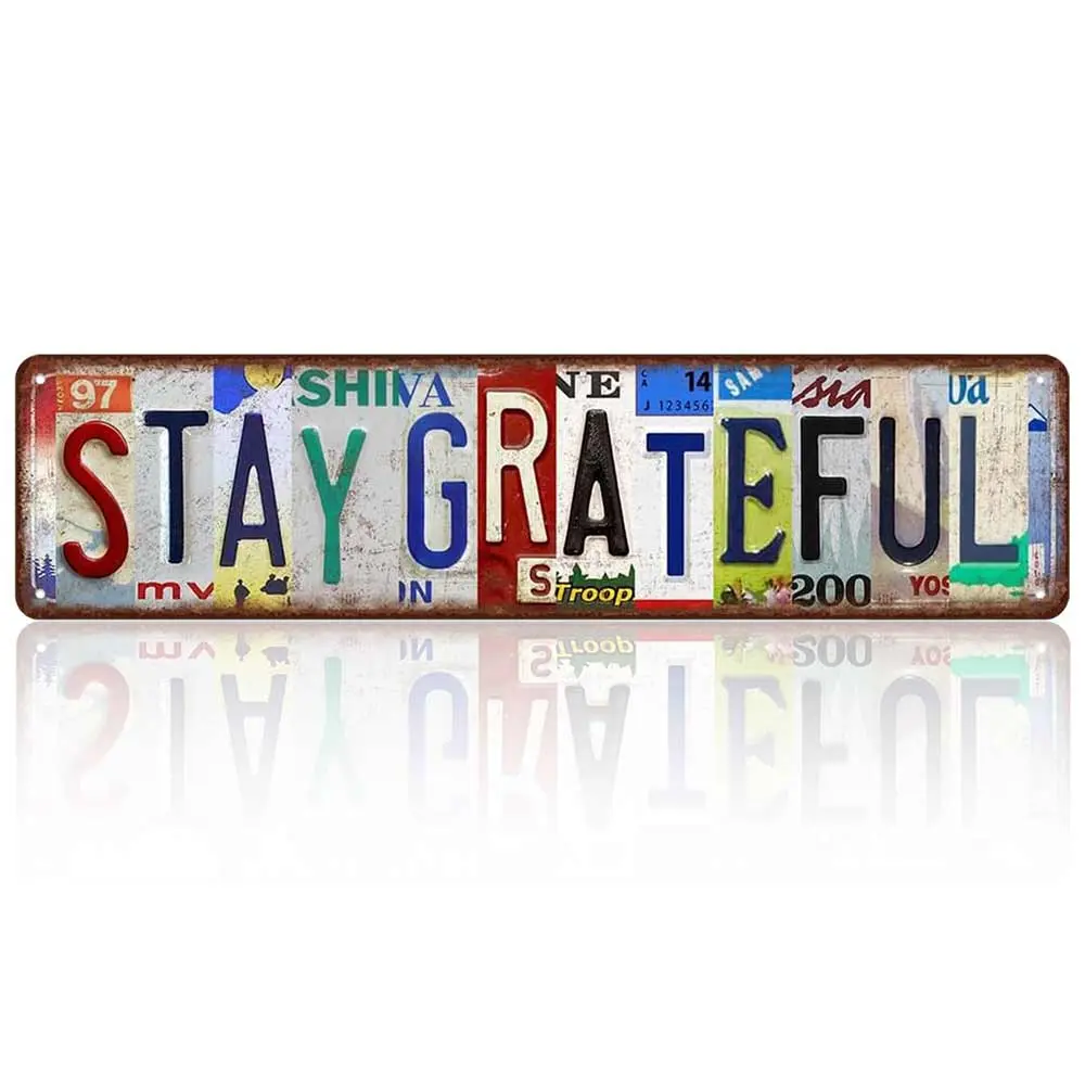 16x4 in Thin Retro Lightweight Aluminum Metal Sign - "STAY GRATEFUL" Printed Colorful Distressed Plaque, Waterproof Hanging Indoor-Outdoor Wall Decor for Farmhouse Kitchen, Thanksgiving Thankful Quote Gift for Family