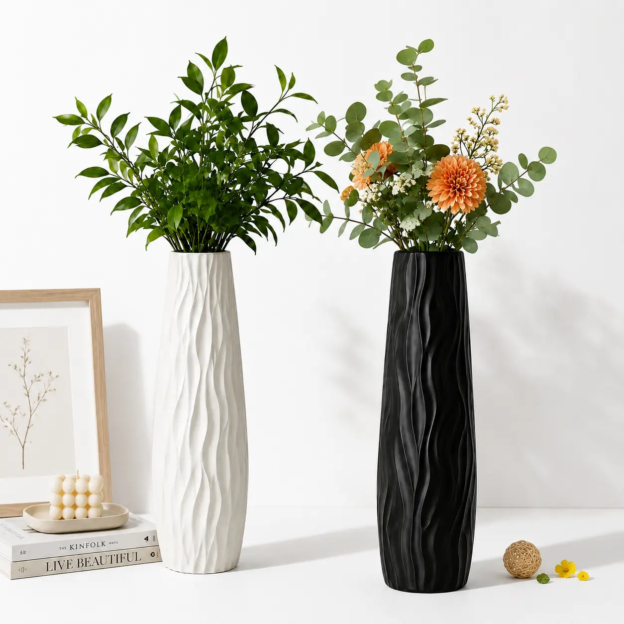58cm Tall Plastic Vase, Modern Wavy Textured Floor Vase, Black & White 2‑Color Option, Large Decorative Vase for Living Room Entryway Home Decor