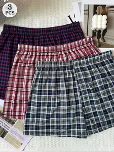 Women’s 3 Pack Plaid Boxer Shorts, Elastic Waist Loose Fit Lounge Shorts for Homewear, Sleepwear, Coffee Run, Travel, Weekend and Casual Daily Outfits