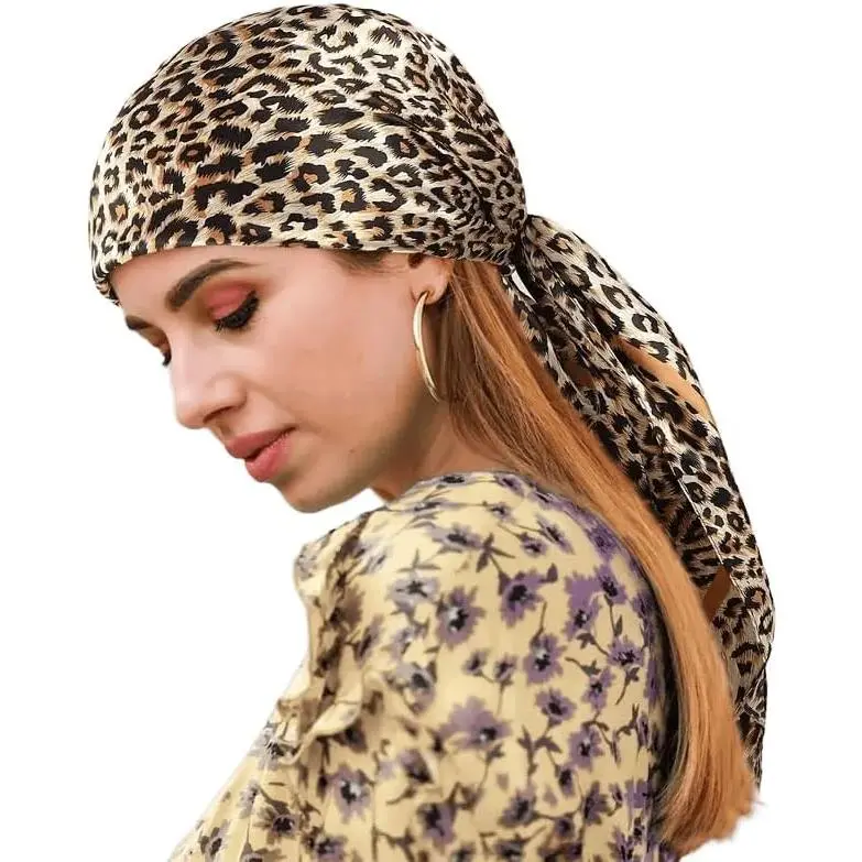 35'' Leopard-Print Satin-Bandana-Headscarf - Light  Wraps   Scarves Cover for Women