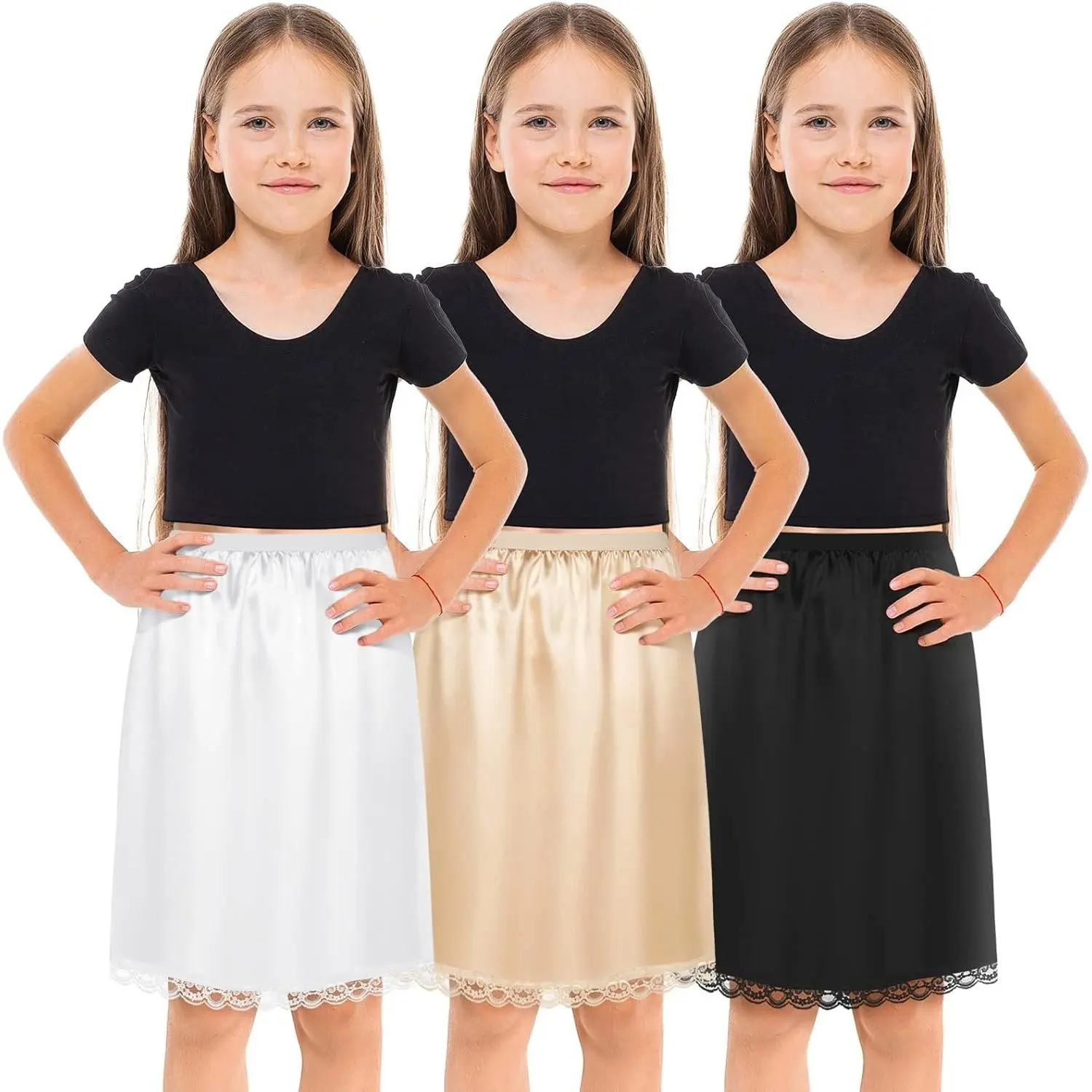 3 Pcs Girls Satin Half Slips Anti-Static Extender Slips with Lace Trim Knee Length Petticoat Skirt for Under Dresses(Gift)