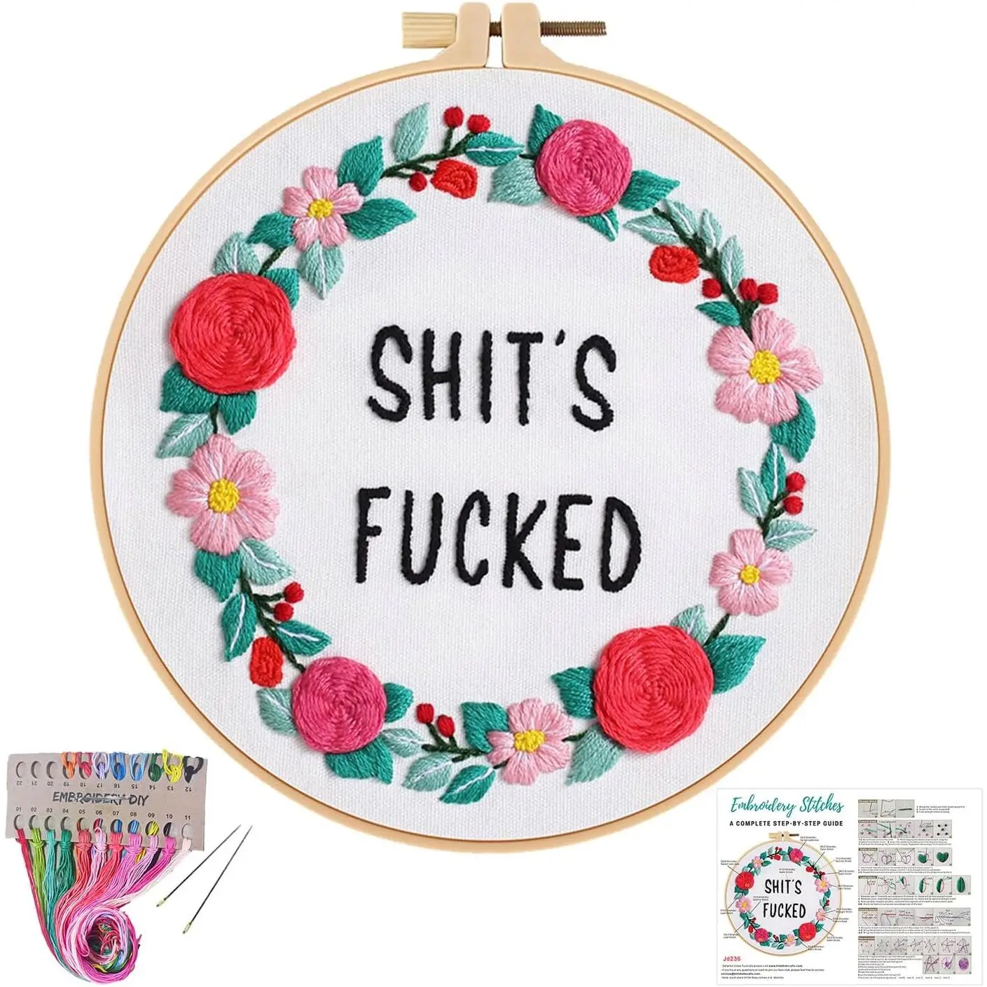 Funny Embroidery Kit for Beginners,  Kits for Adults,Flower Wreath Needlepoint for Starters Including Instruction and Threads