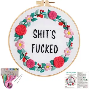 Funny Embroidery Kit for Beginners,  Kits for Adults,Flower Wreath Needlepoint for Starters Including Instruction and Threads