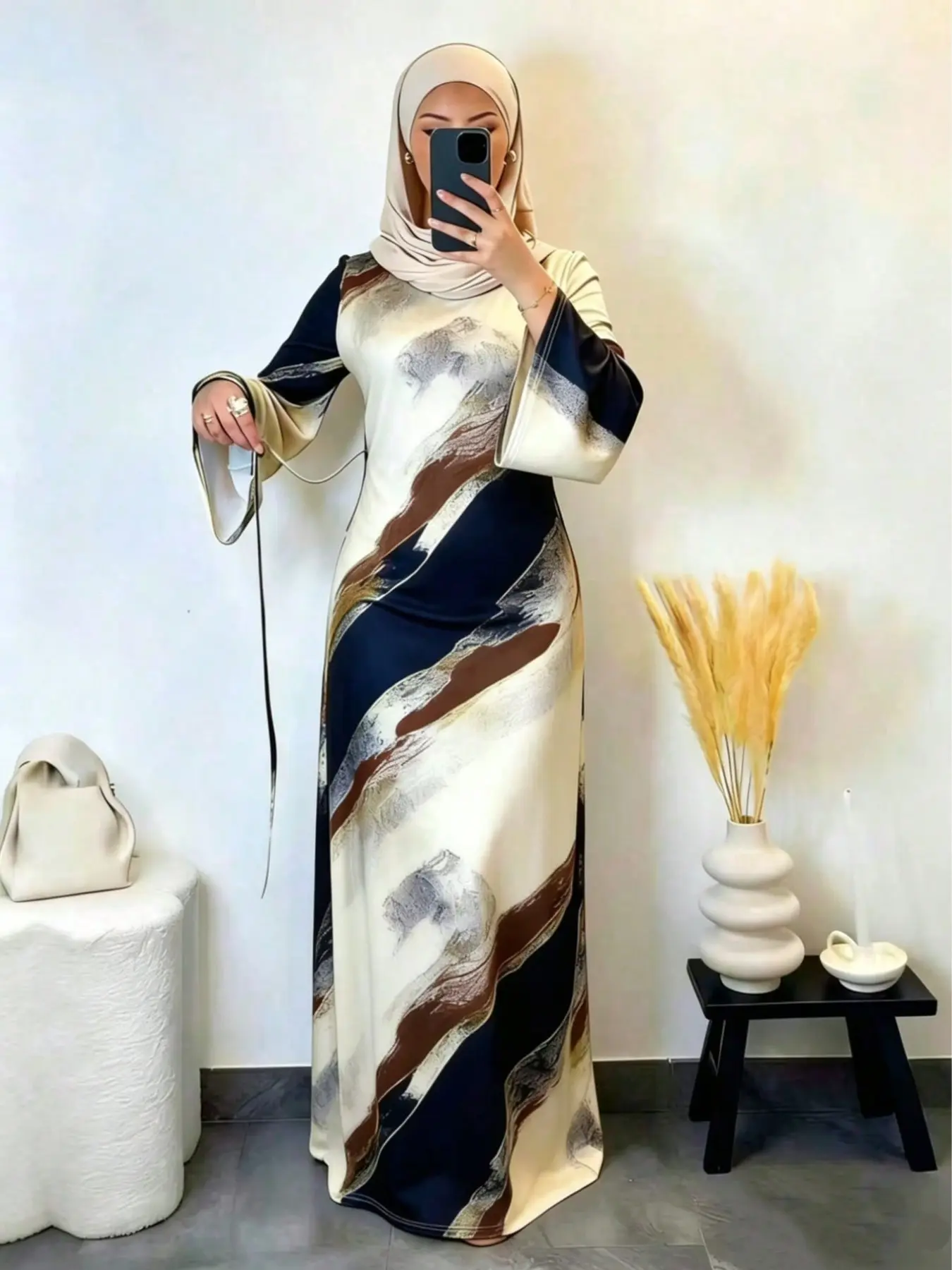 Vintage Abstract Print Arab Abaya Maxi Dress, Knit Fabric, Round Neck Unique Flared Sleeves, Modest Robe For Women Daily Banquet Vacation Wear, Modest Islamic Abaya